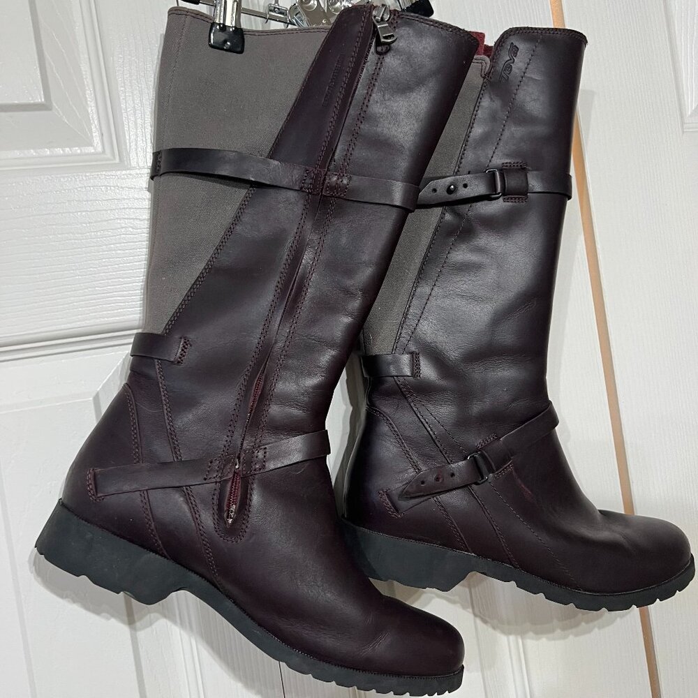 Teva De La Vina Burgundy Gray Waterproof Leather Tall Boot Zip Buckle 9 Outdoor